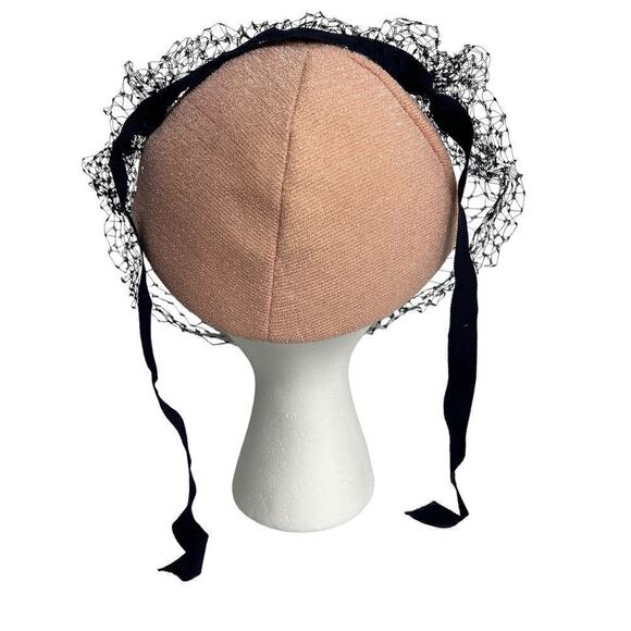 Vintage Wilshire Pink Sequined Thread Hat with Navy Blue Veil Circa 1940s - Picture 3 of 12